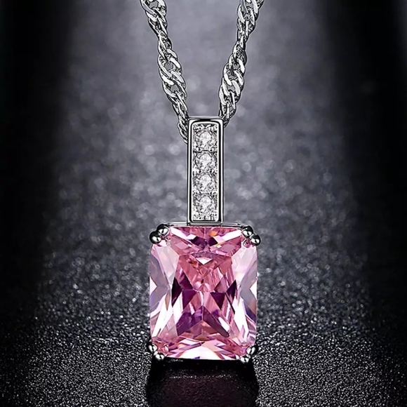 Pink Princess Cut AAA Cubic Zirconia Necklace - Picture 3 of 6